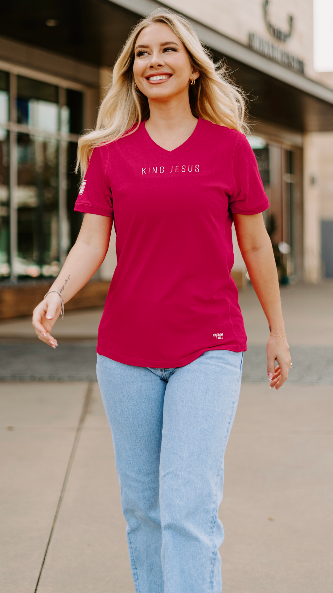 King Jesus Ladies' T-Shirt (Magenta & White)