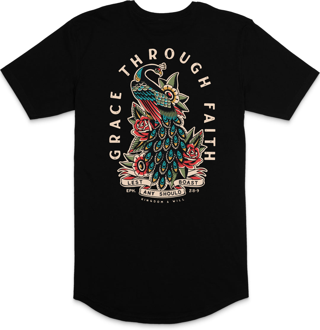 Peacock Long Body T-Shirt (Black)
