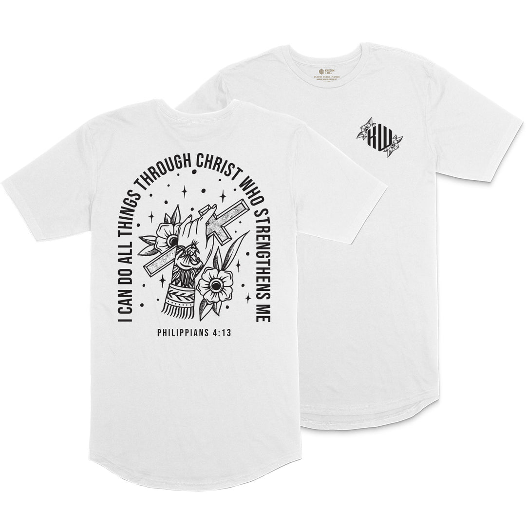 Philippians 4:13 Long Body T-Shirt (White & Black)