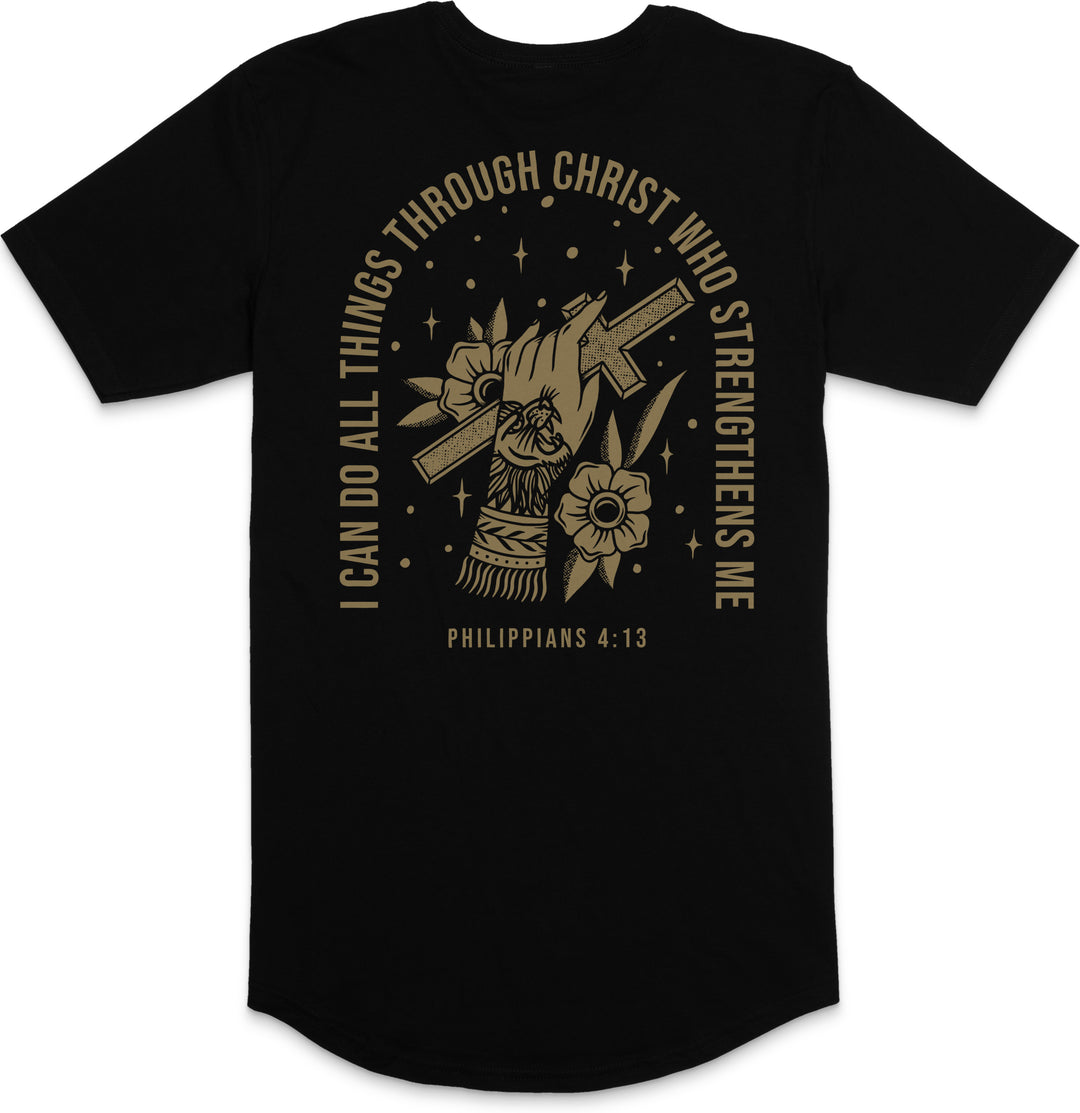 Philippians 4:13 Long Body T-Shirt (Black & Gold)