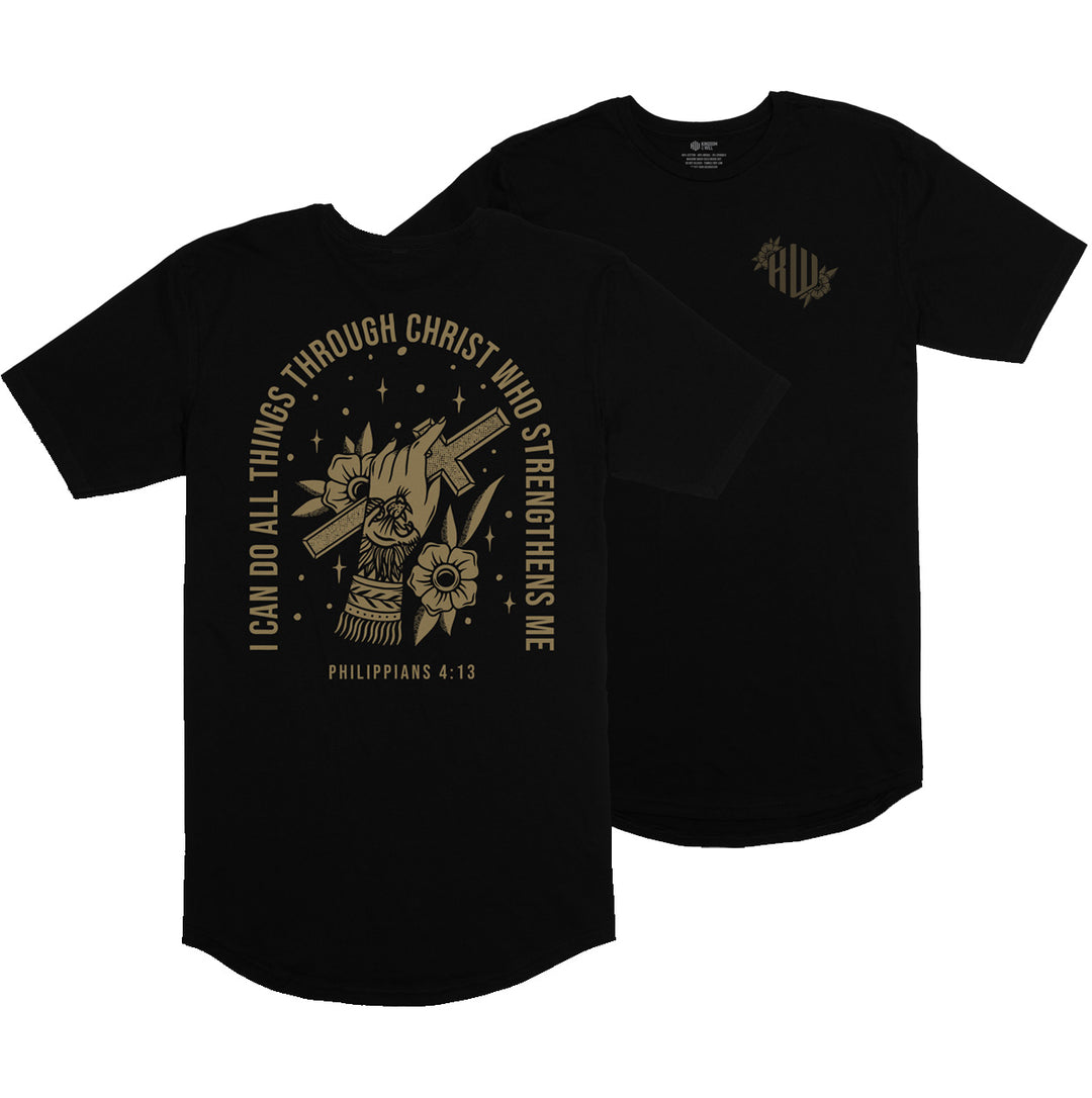 Philippians 4:13 Long Body T-Shirt (Black & Gold)