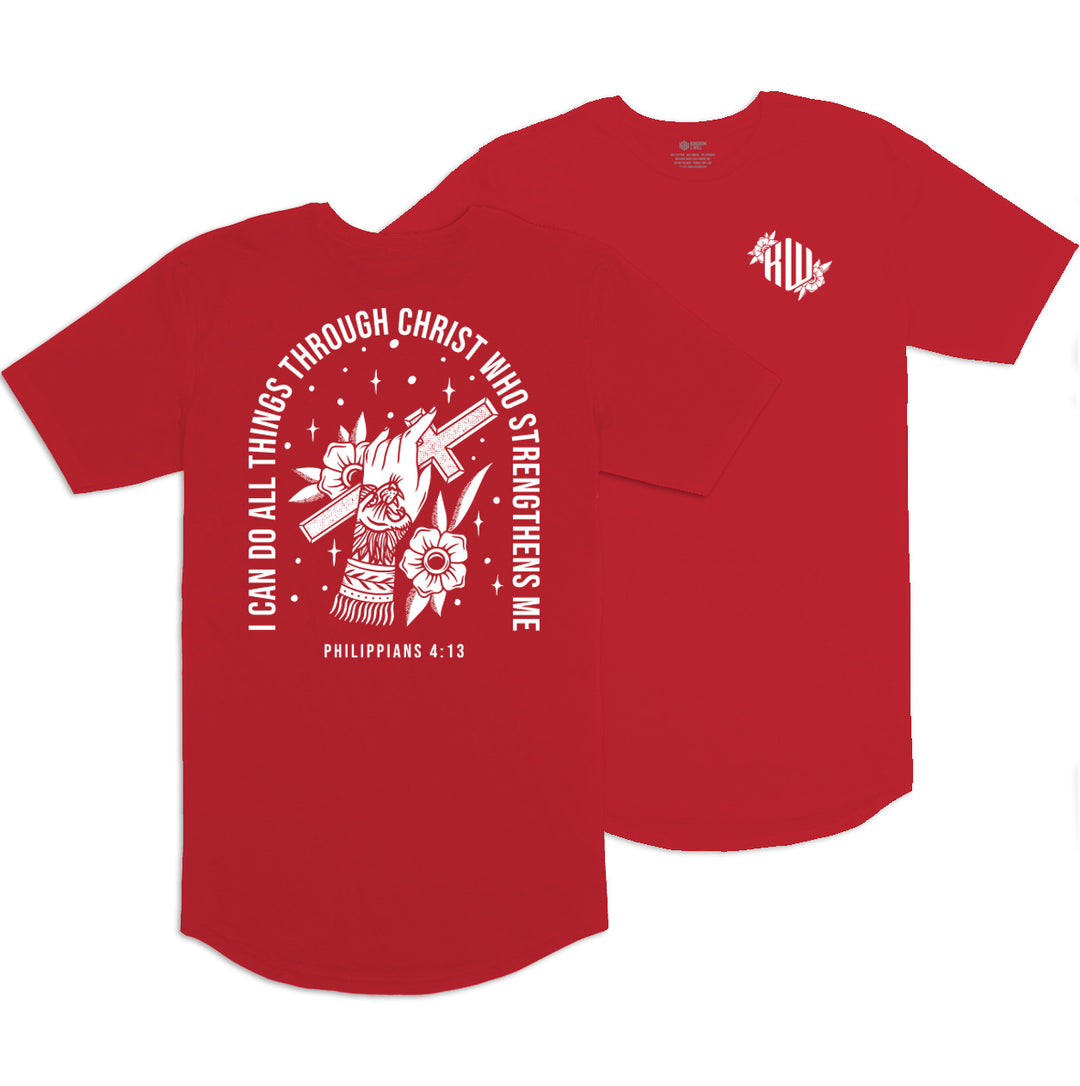 Philippians 4:13 Long Body T-Shirt (Red & White) - Kingdom & Will