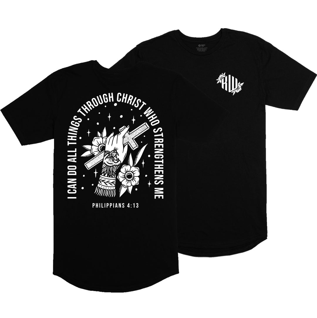 Philippians 4:13 Long Body T-Shirt (Black & White)
