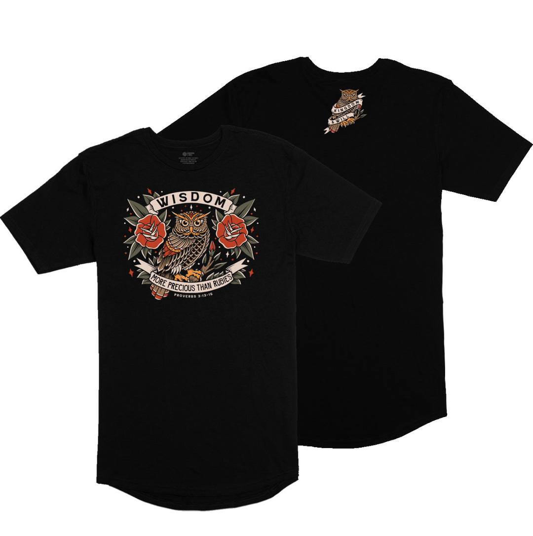 Wisdom Owl Long Body T-Shirt (Black)