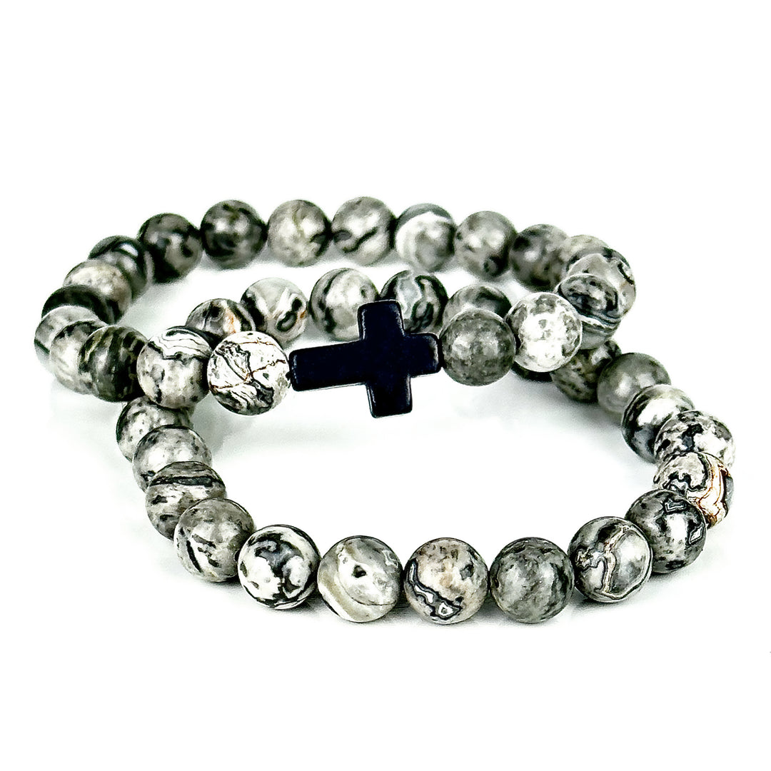 Cross & Gray Jasper Bracelet Set - Kingdom & Will