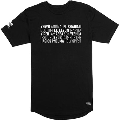 Names of God Long Body T-Shirt (Black & White) - Kingdom & Will