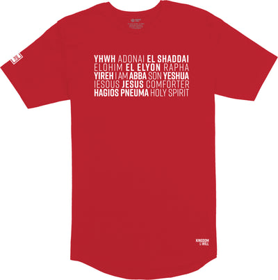 Names of God Long Body T-Shirt (Red & White) - Kingdom & Will