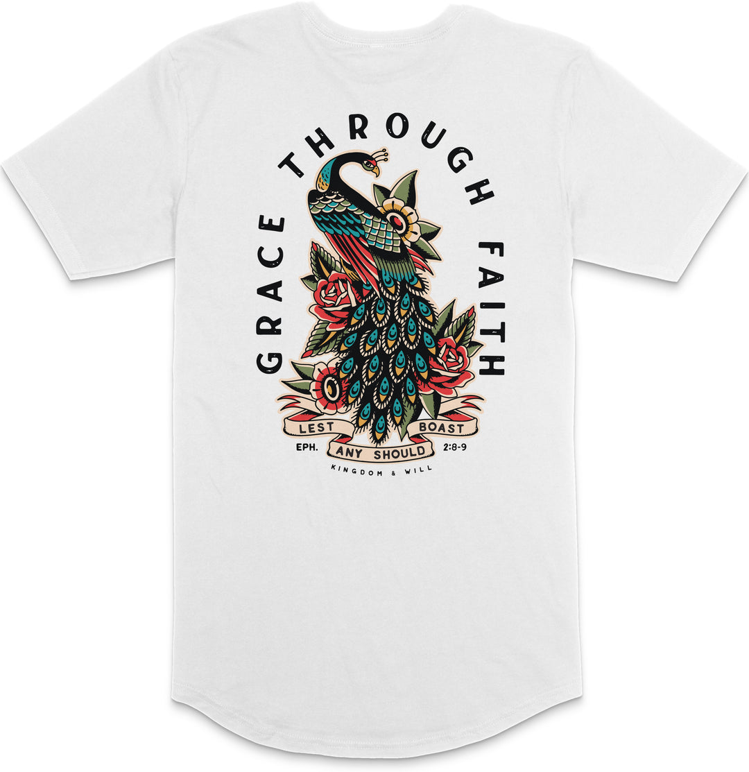 Peacock Long Body T-Shirt (White)