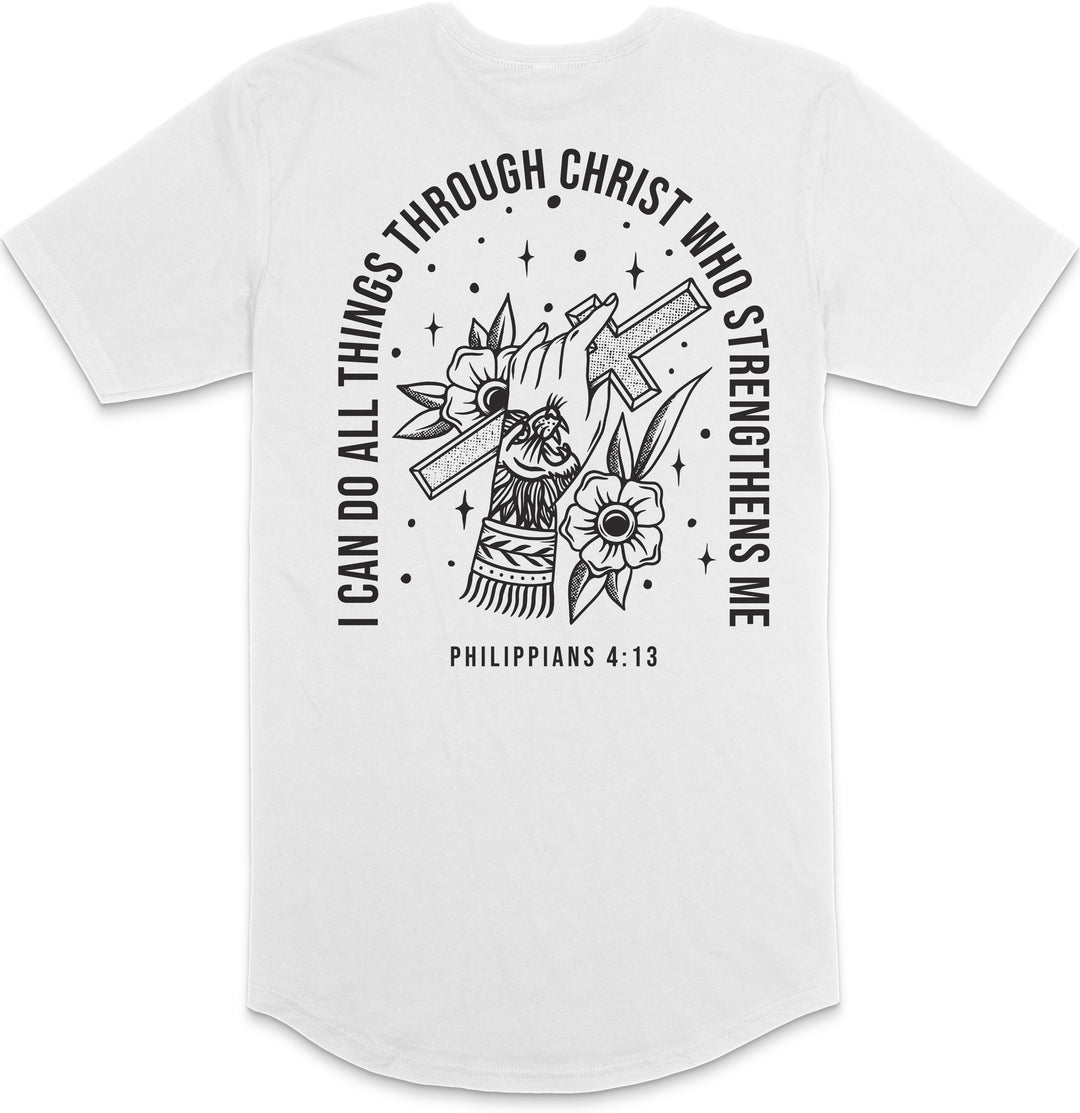 Philippians 4:13 Long Body T-Shirt (White & Black)