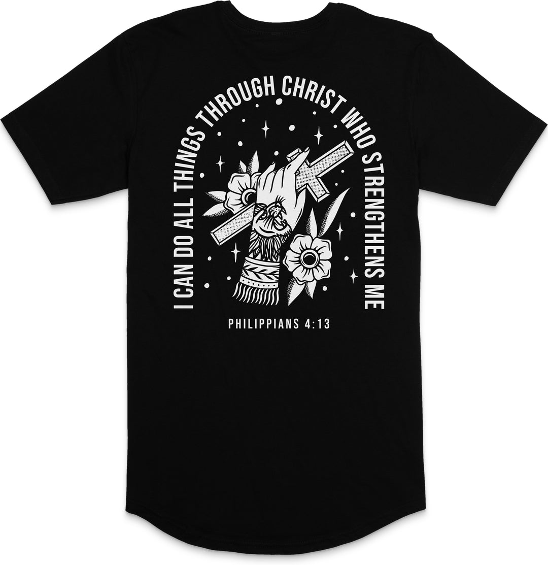 Philippians 4:13 Long Body T-Shirt (Black & White)