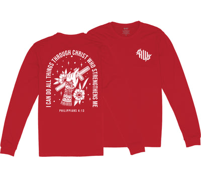 Philippians 4:13 Long Sleeve T-Shirt (Red & White) - Kingdom & Will