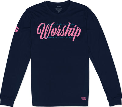 Worship Long Sleeve T-Shirt (Navy & Flamingo) - Kingdom & Will