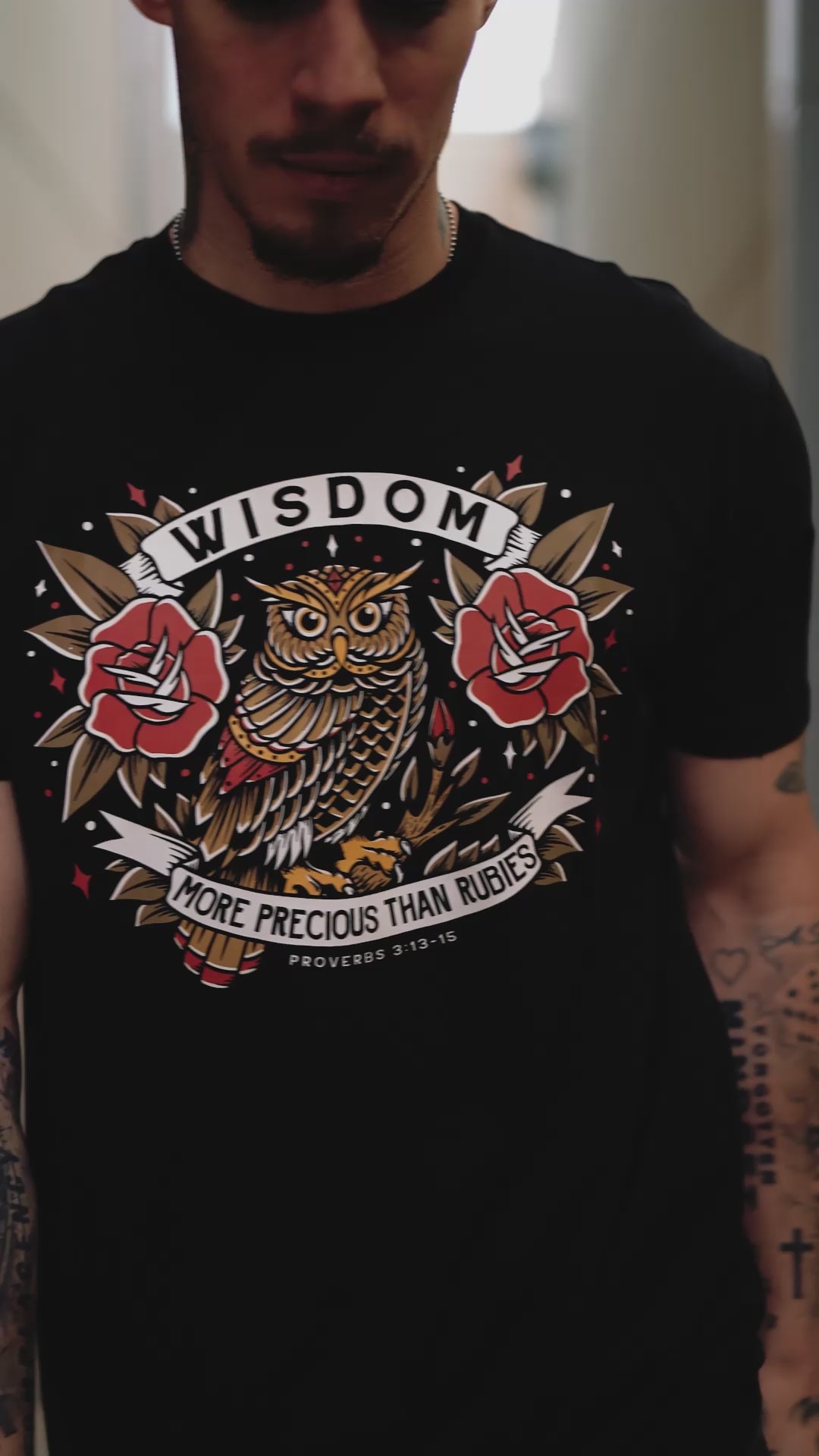 Wisdom Owl Long Body T-Shirt (Black)