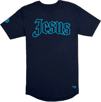 Jesus Long Body T-Shirt (Navy & Tropical Blue) - Kingdom & Will