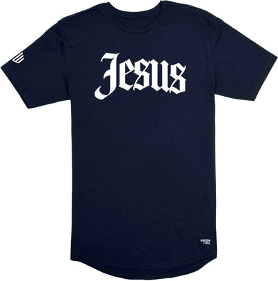 Jesus Long Body T-Shirt (Navy & White) - Kingdom & Will