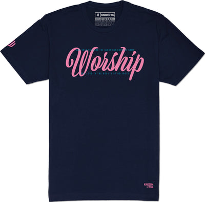 Worship T-Shirt (Navy & Flamingo) - Kingdom & Will